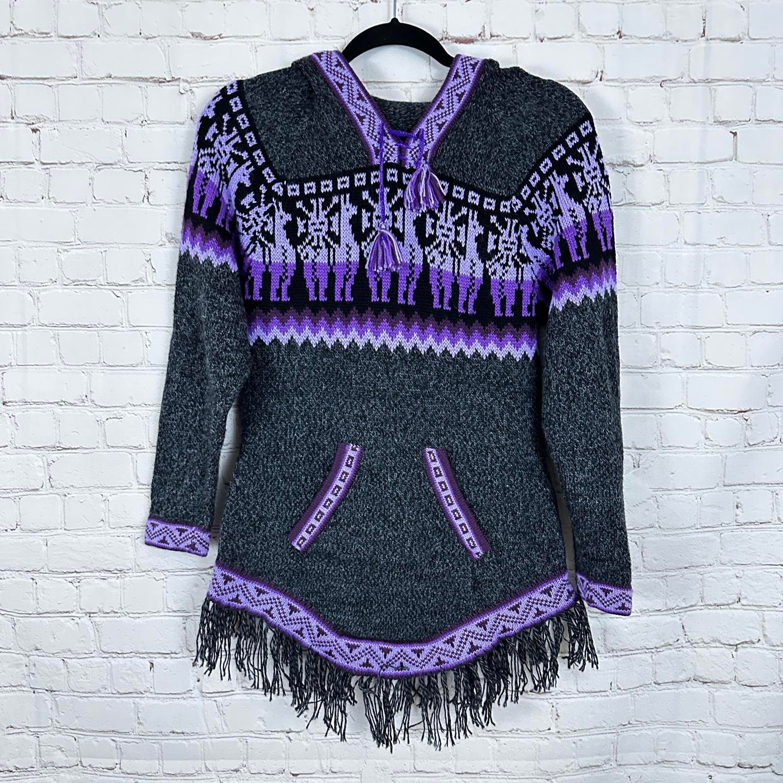 Ecologic Arts Sun Llama Pullover Poncho Sweater w/ Fringe Black & Purple L