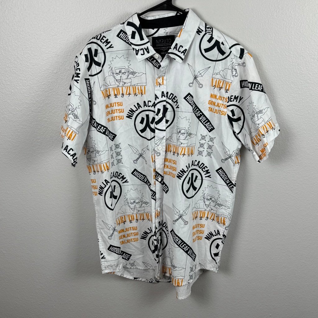Naruto Shippuden Collection Vintage Men's XL White Anime Casual Button Up Shirt