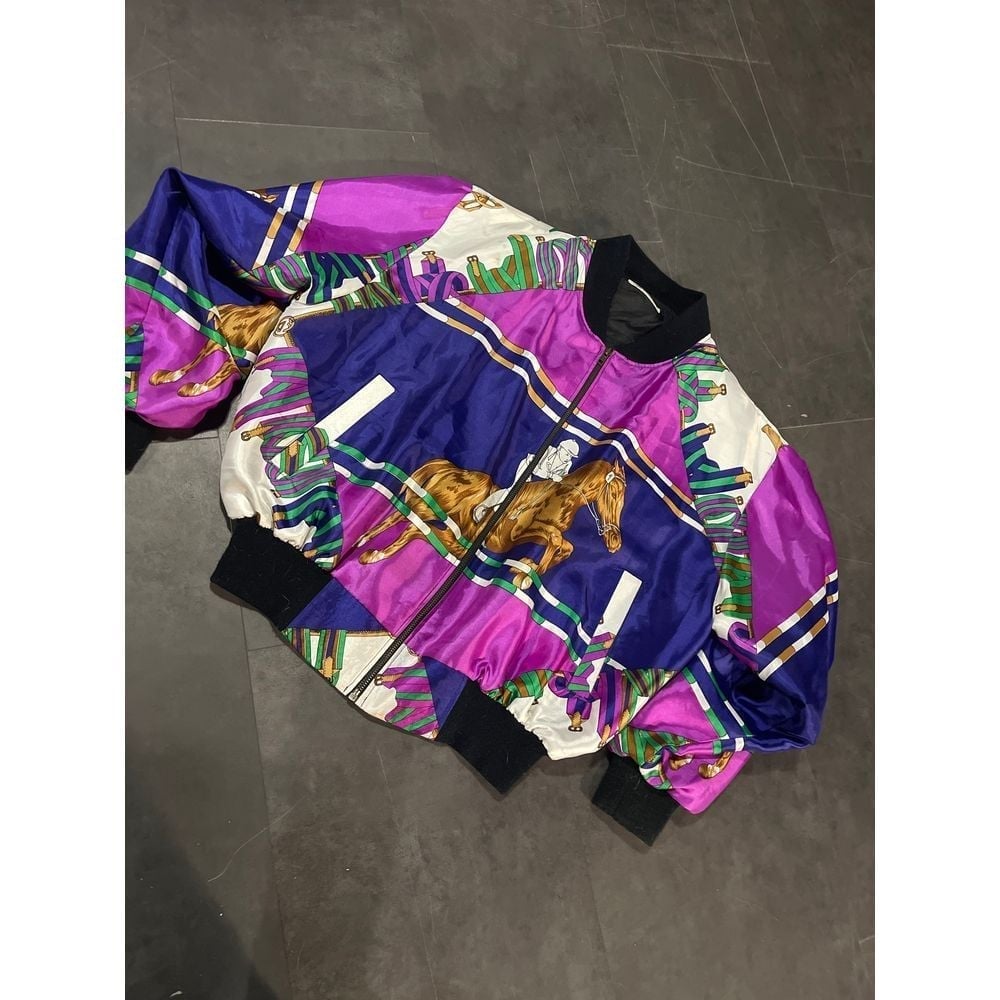 Silknotes Vintage Bomber Jacket Colorful Horse Print Retro 90s Style D-12