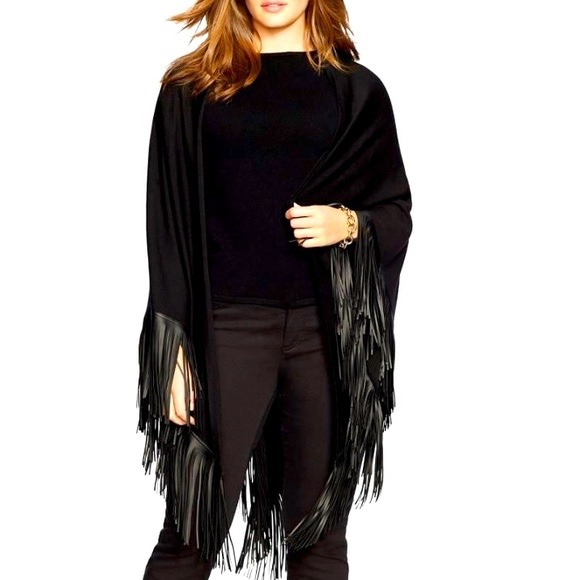 Lauren Ralph Lauren Black Wool Blend Fringe Trim Shawl Wrap OS