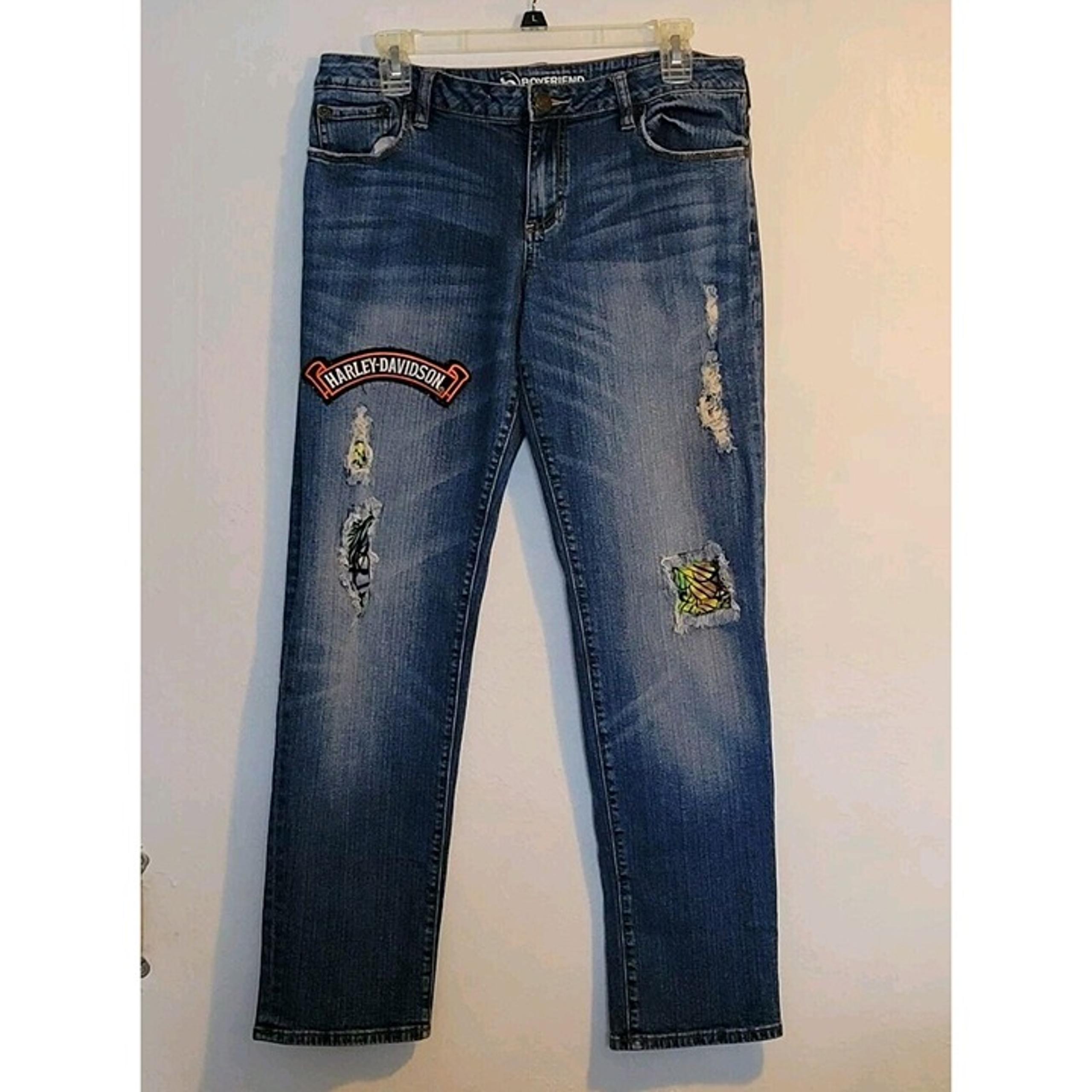 Boyfriend Jeans Womens Size 7 Biker Harley Distressed Patches Pockets - Bullhead