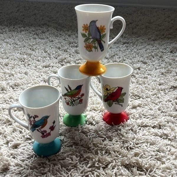 Vintage Fred Roberts Audubon Lovers Footed Bird Mugs, Set of 4