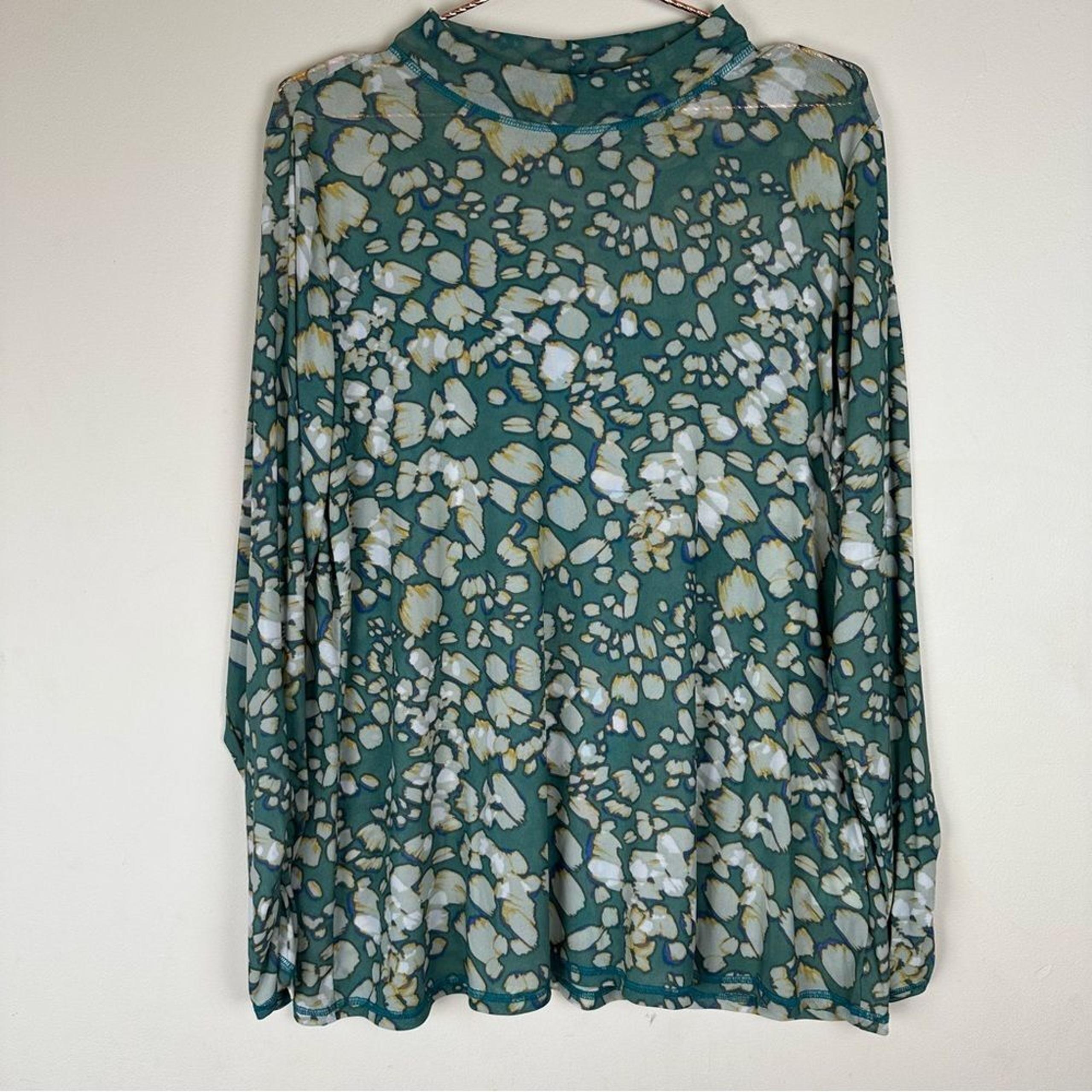 LOGO Layers by Lori Goldstein Printed Sheer Mesh Mock Neck Top Size XL Green