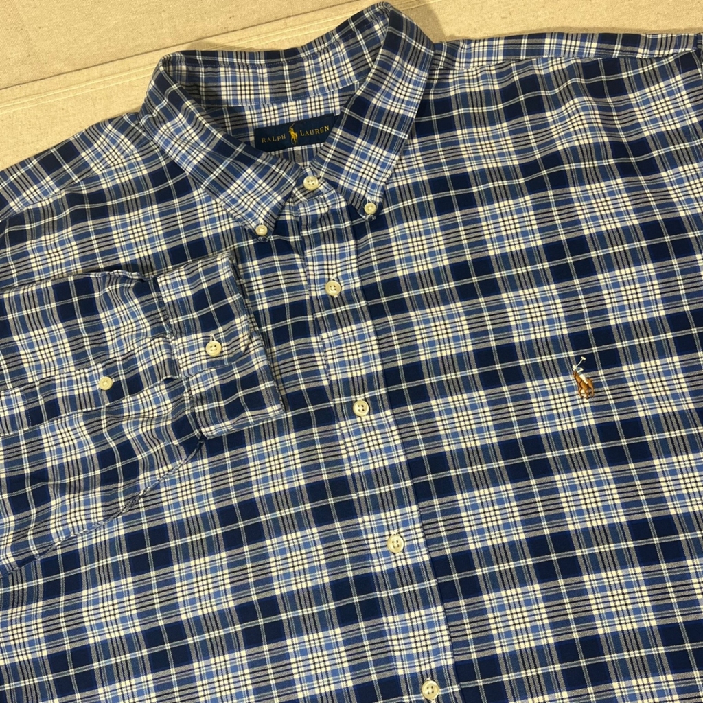 Ralph Lauren Mens 3XLT Oxford Cloth Blue Plaid Button Down Shirt OCBD Flesh Pony