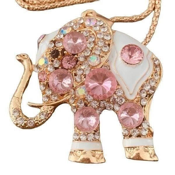 Betsey Johnson Pink Elephant Crystal Pendant Necklace Gold White Jeweled NWT