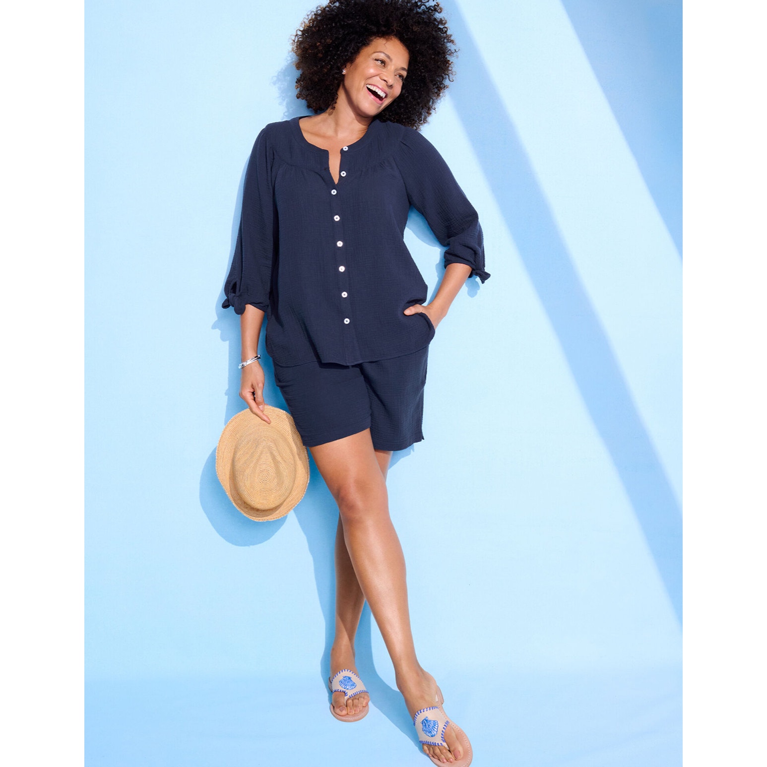 Talbots Plus 1X Airy Gauze Tie Sleeve Top in Navy 3/4 Sleeve Button Front Summer