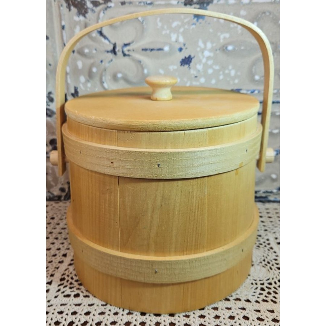 Vintage Rustic Basketville Putney Vermont Wood Barrel Ice Bucket w/ Lid & Liner