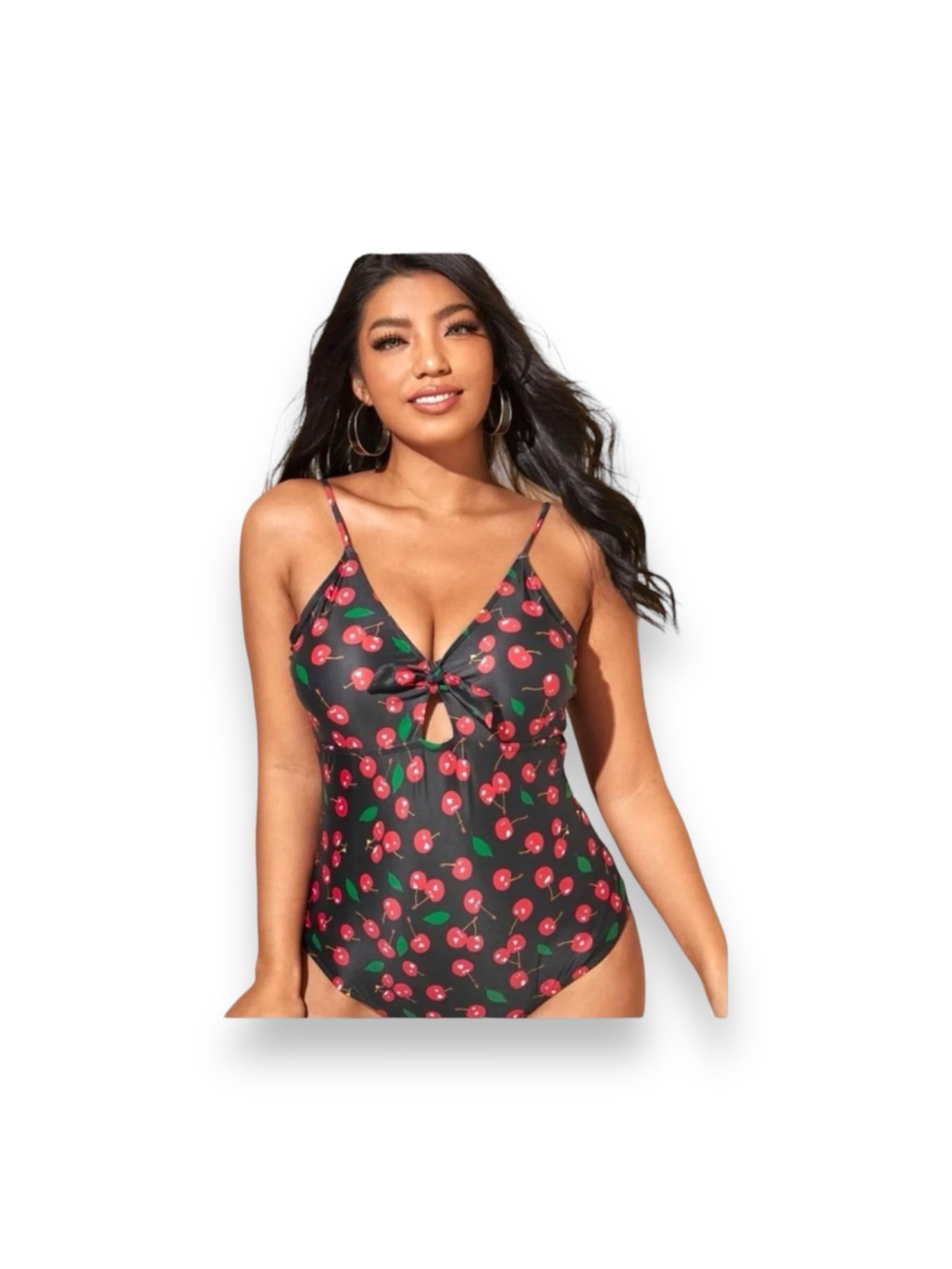 Shein Women’s Plus Size One Piece Cutout Swimsuit, Black Cherries