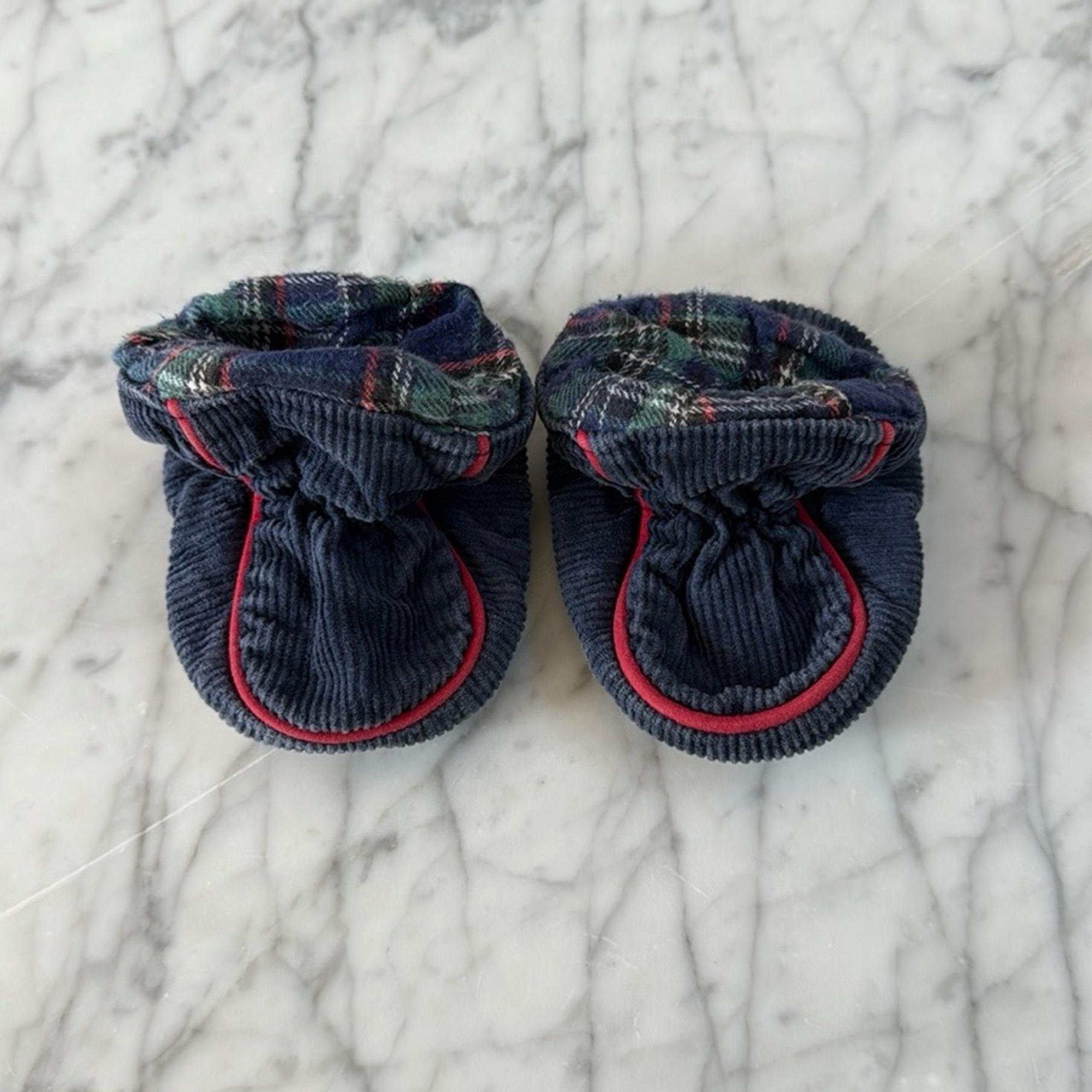 Vintage Corduroy Plaid Gold Bug Blue Cotton Baby Slippers Shoes Sz 12-18 Mo