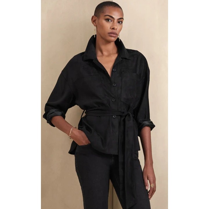 Banana Republic Vegan Suede Black Women's Belted Shirt Size XL