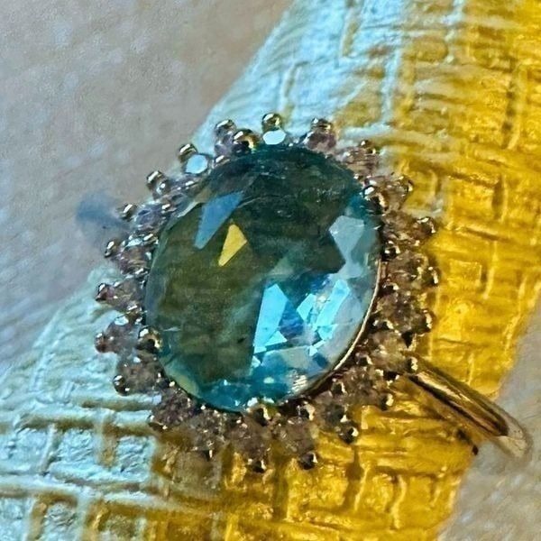 NATURAL AQUAMARINE 925 HALO RING LIGHT BLUE ROUND ART DECO STATEMENT RING