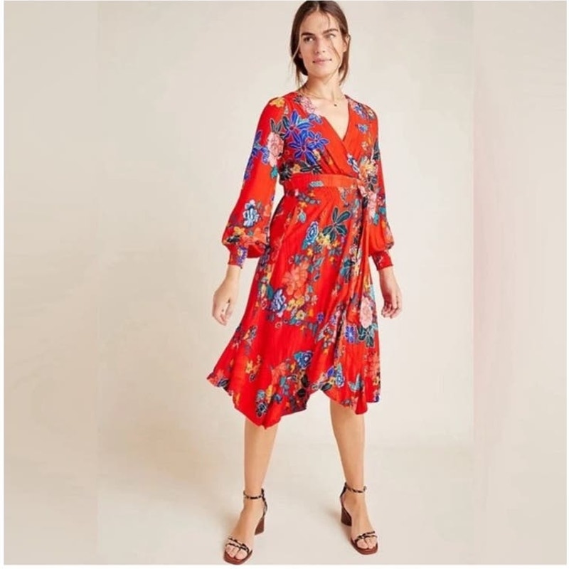 Anthropologie Boswell Red Floral Wrap Midi Dress Size 4