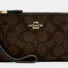 COACH Double Corner Zip Wristlet Brown/Black Signature Coated Canvas 87591 108