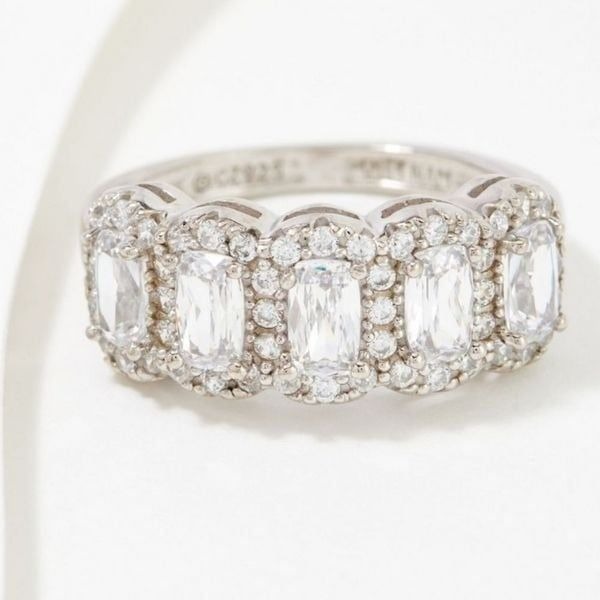 Diamonique 2.54 Ct. Emerald & Round Cut Halo Design Bridal/Wedding Band Ring #8