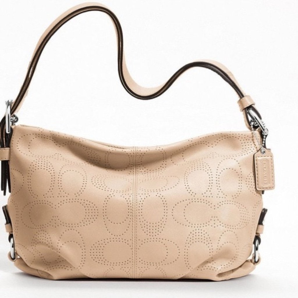 COACH PERFORATED SIGNATURE LEATHER DUFFLE CROSSBODY SHOULDER BAG SHIMMERY TAUPE