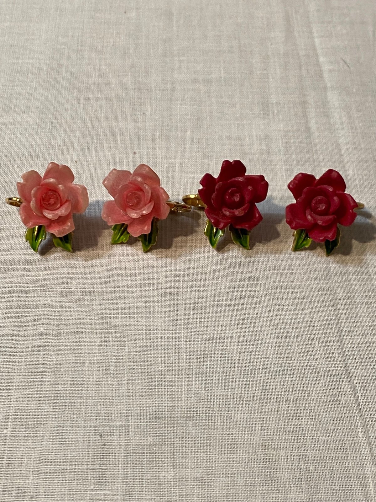 2 Sets of VTG Crown Trifari clip Earring Rose Green Enamel Leaves