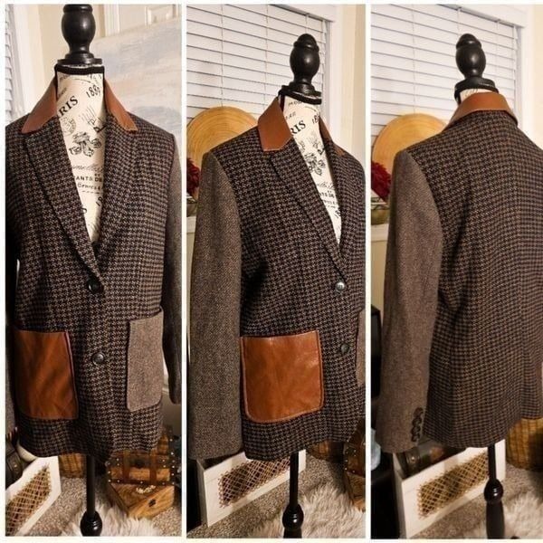 Steve Madden Kelly Plaid Academia Style Faux Leather Trim Blazer Jacket.