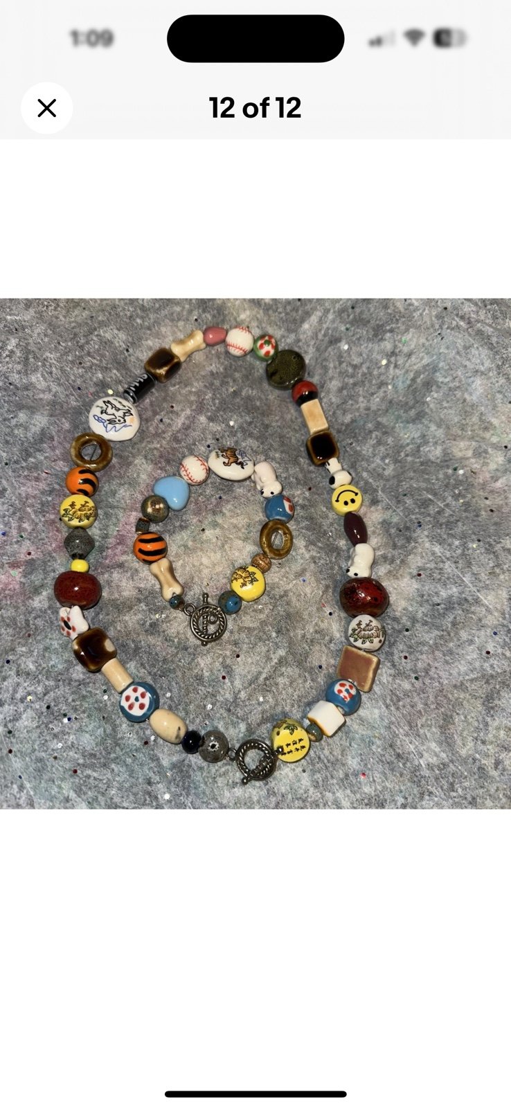 Vintage Multi Ceramic Baseball Tiger Smiley Face Star Beaded Necklace & Bracelet