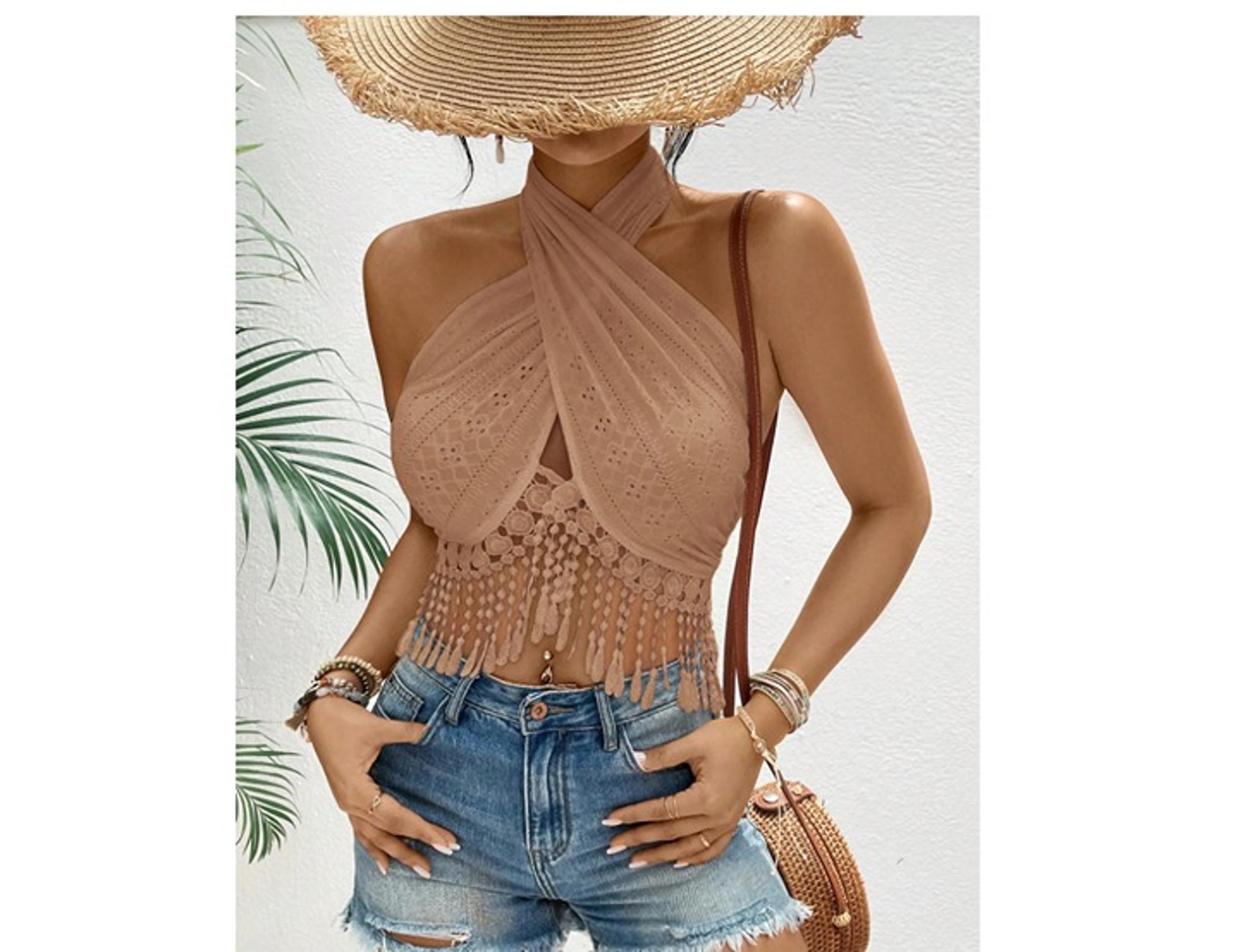 NEW NIP Shein VCAY Khaki Lace Criss Cross Strap Vacation Crop Tank Top sz XL
