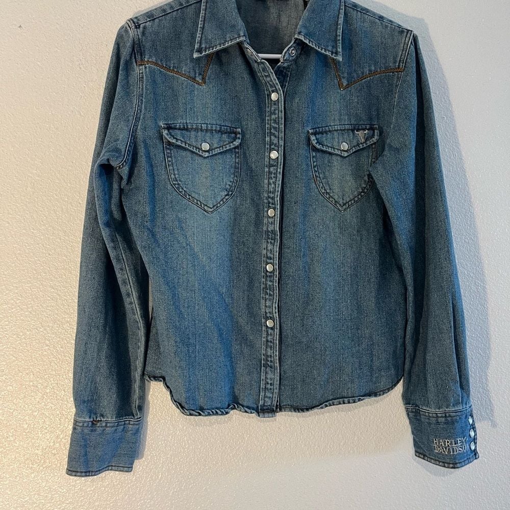 Harley-Davidson Motorcycles Blue Denim Embroidered Back Button Up Shirt