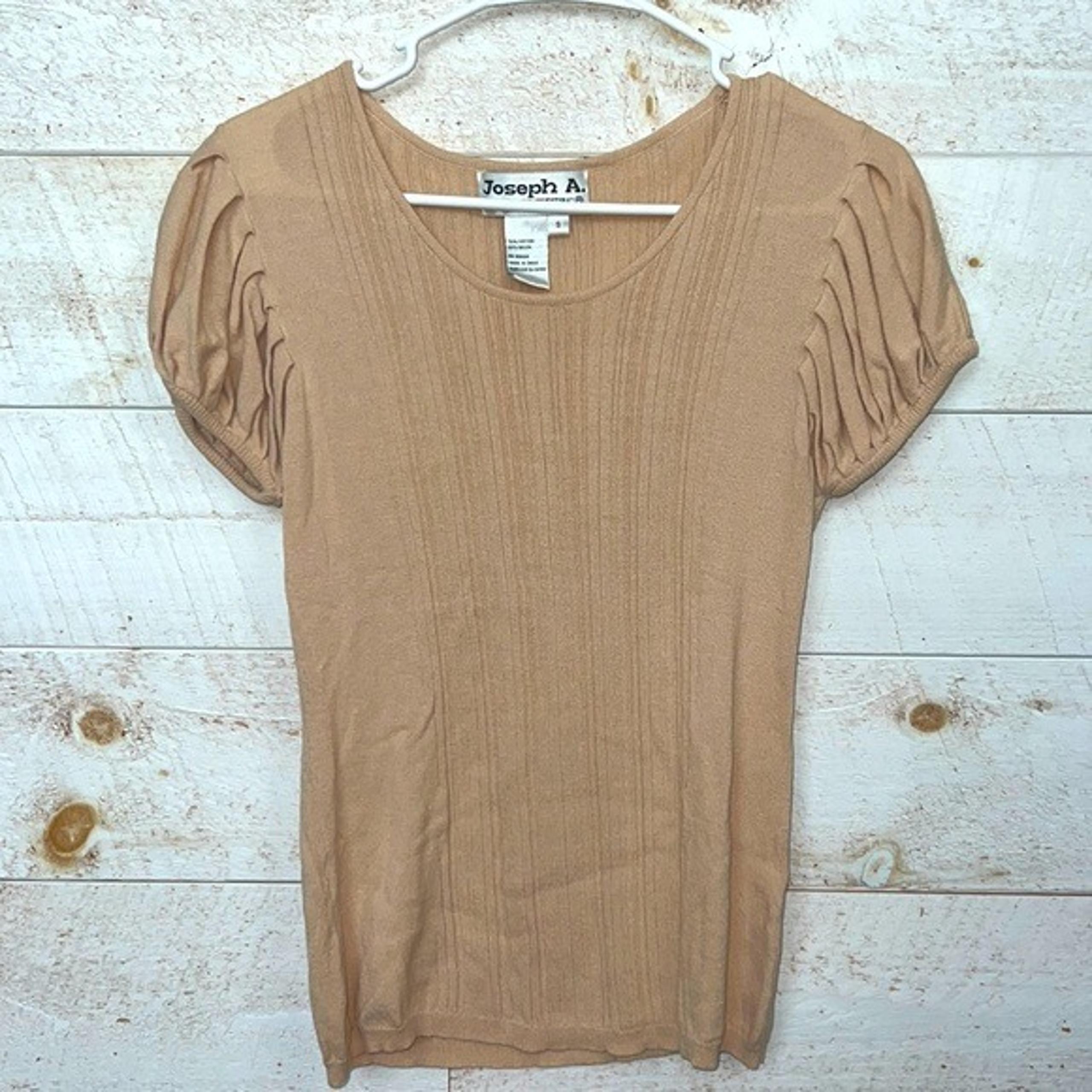 JOSEPH A. Women’s Tan Scoop Neck Ribbed Bubble Short Sleeve Knit Top Size S