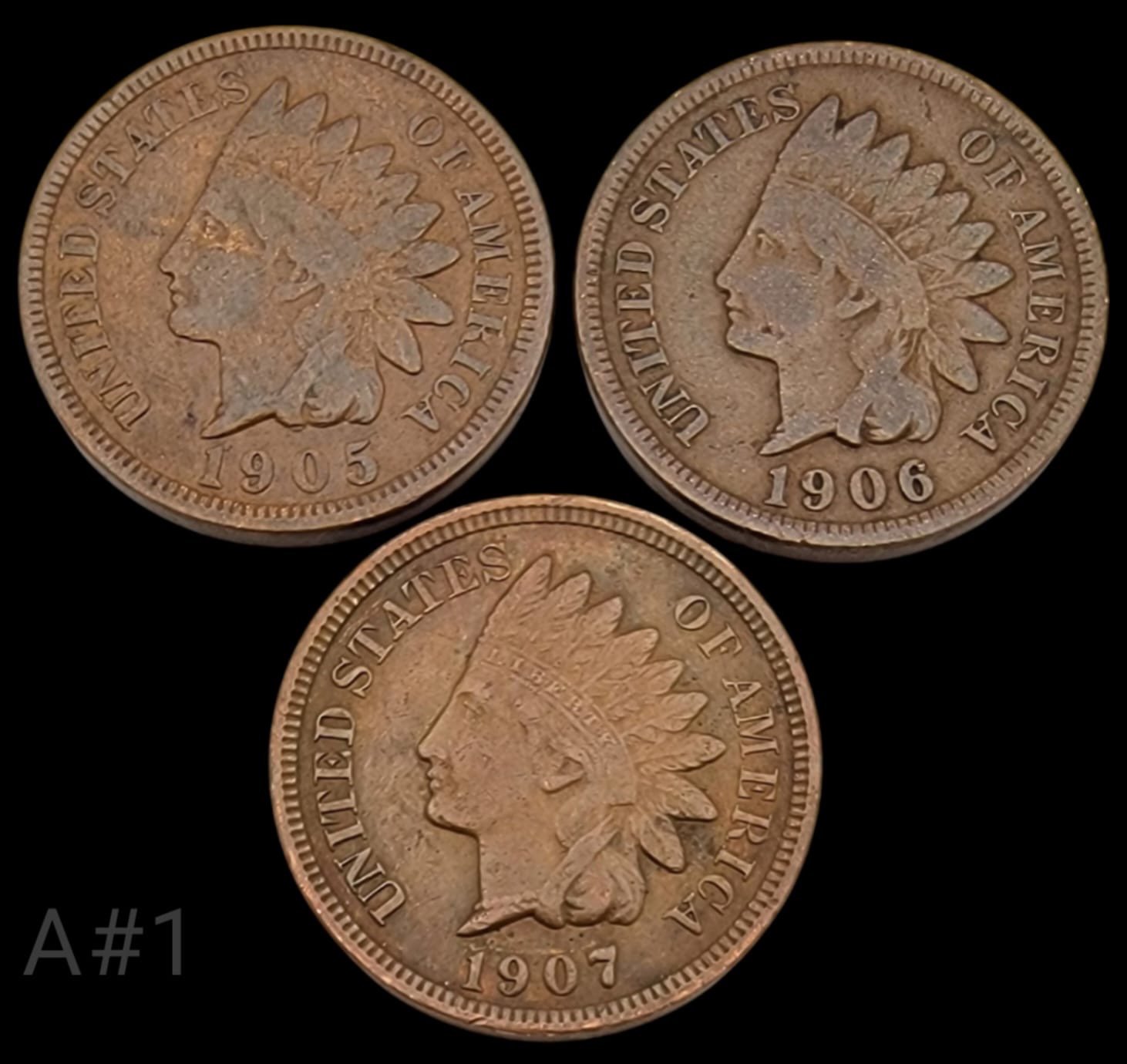 Indian Head One Cent Coins from 1905, 1906, and 1907