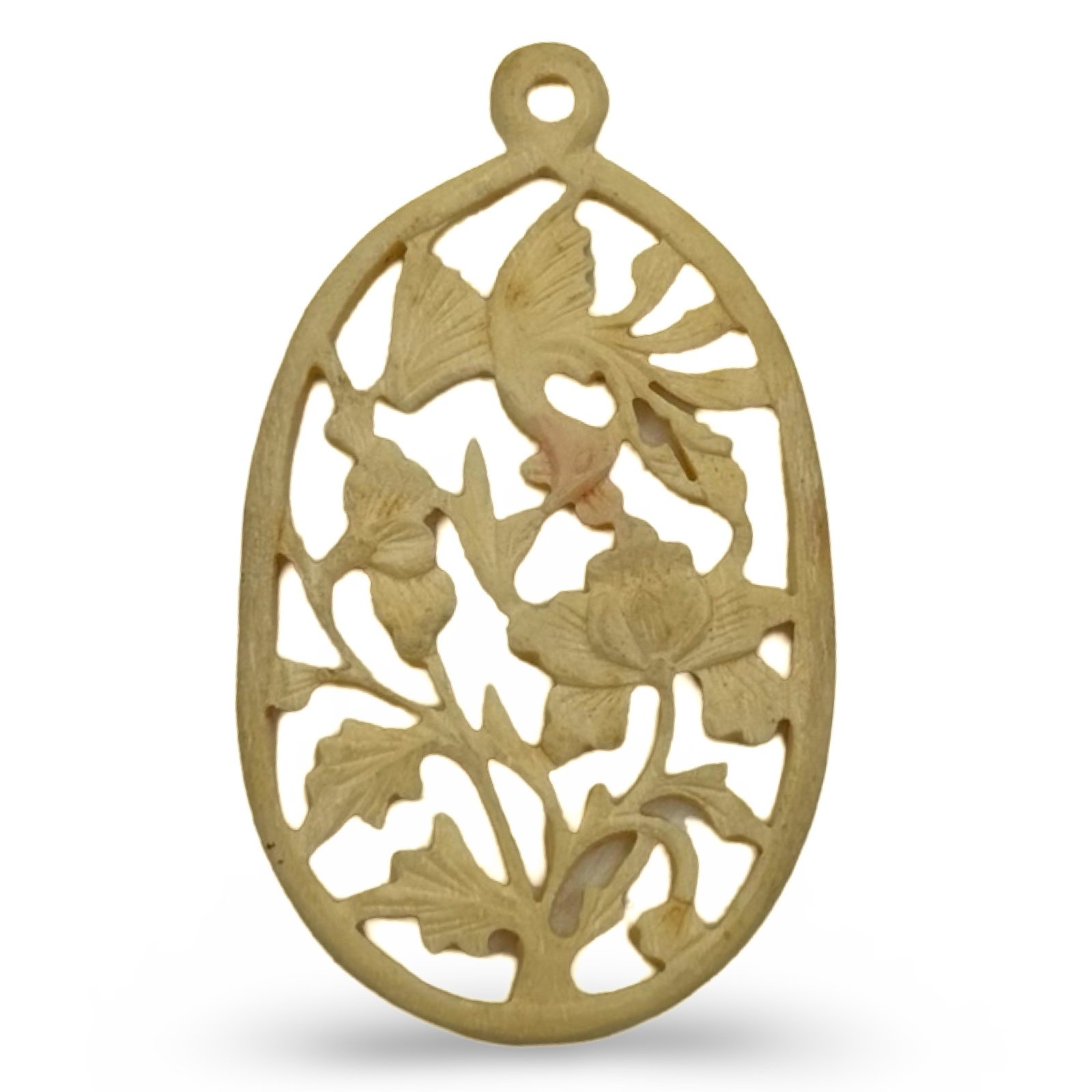 Unique Victorian Carved Galalith Ornate Detailed Bird Flower Floral Pendant