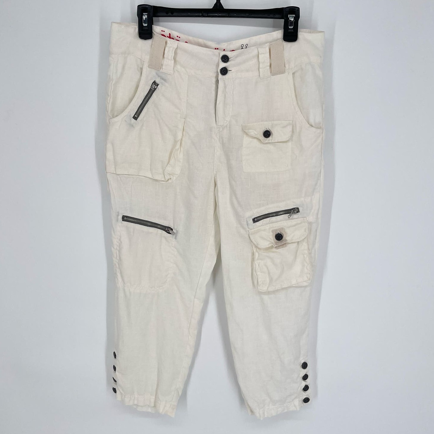 Pete & Greta by Johnny Was Linen Cargo Capri Pants Pockets Y2K Sz 6 Cream