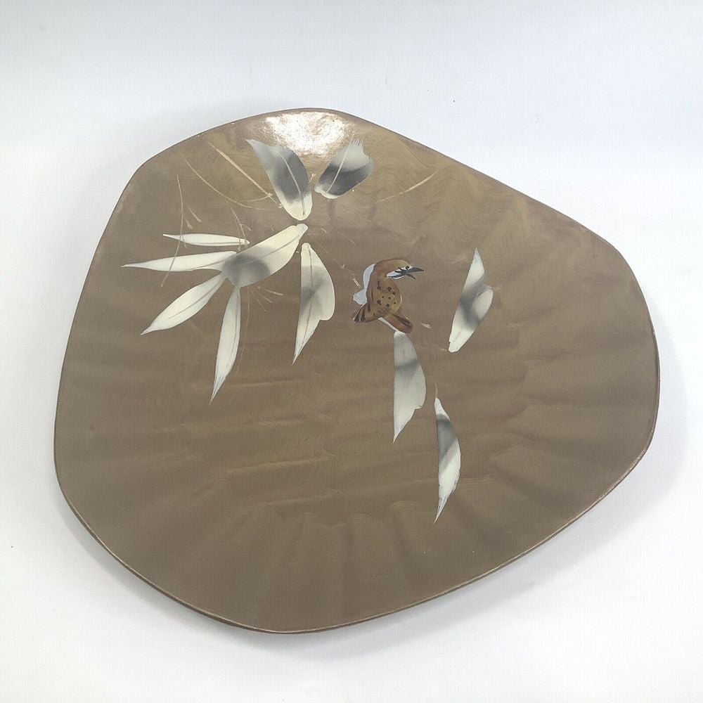Japanese Plate Wood Bird on Branch Leaves Lacquer Gift 10.75 Decor Vintage