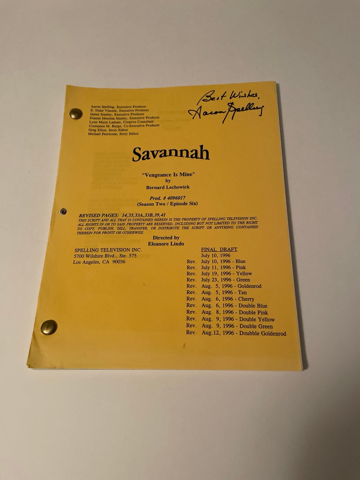 Aaron Spelling signed Savannah script