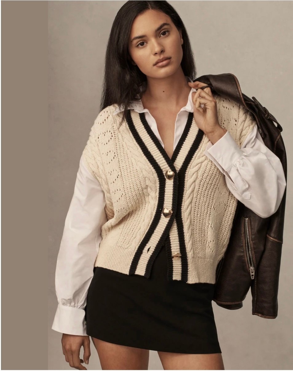 Anthropologie Cream and Black Women's Sweater
