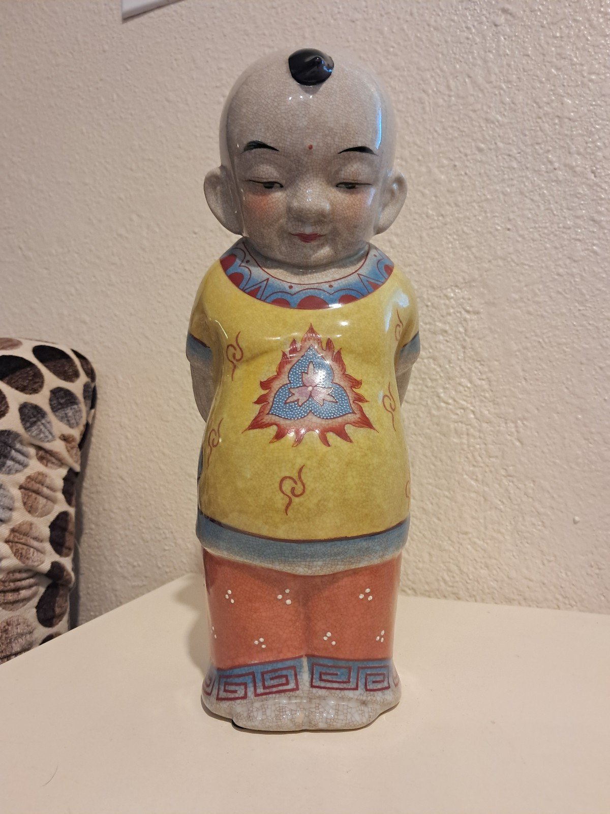 Rare Chinese Famille Rose Majolica Celedon Glaze Crackle Finish Porcelain Boy