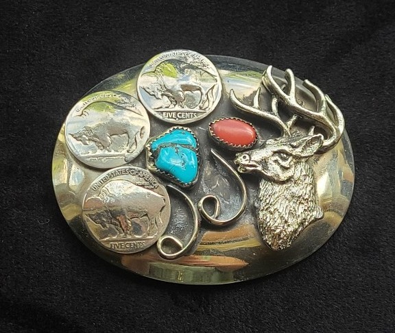 Turquoise & coral vintage silver deer belt buckle