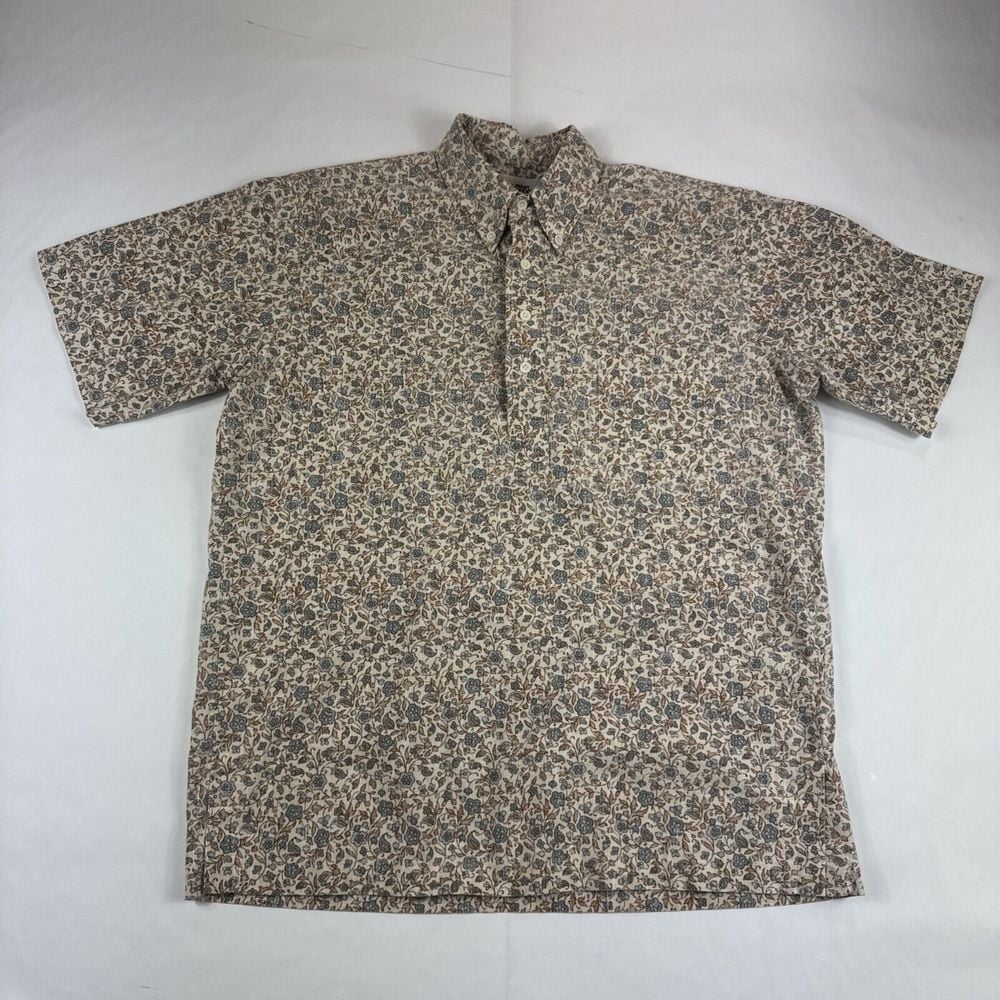 Reyn Spooner Hawaiian Shirt Mens M Floral Beige Reverse Print S/S 1/4 Button USA