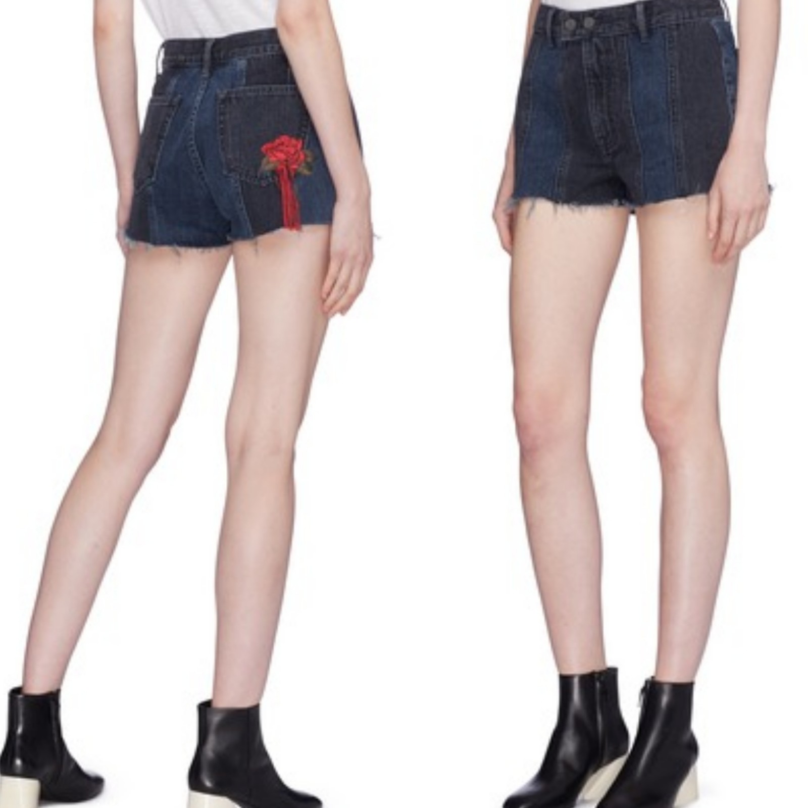 GRLFRND'CINDY' ROSE EMBROIDERED PANELLED DENIM SHORTS