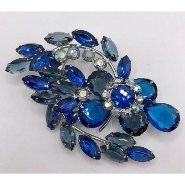 Vintage Crystal Flower Leaves Brooch Blue Cobalt Blue AB Crystals Silver Tone