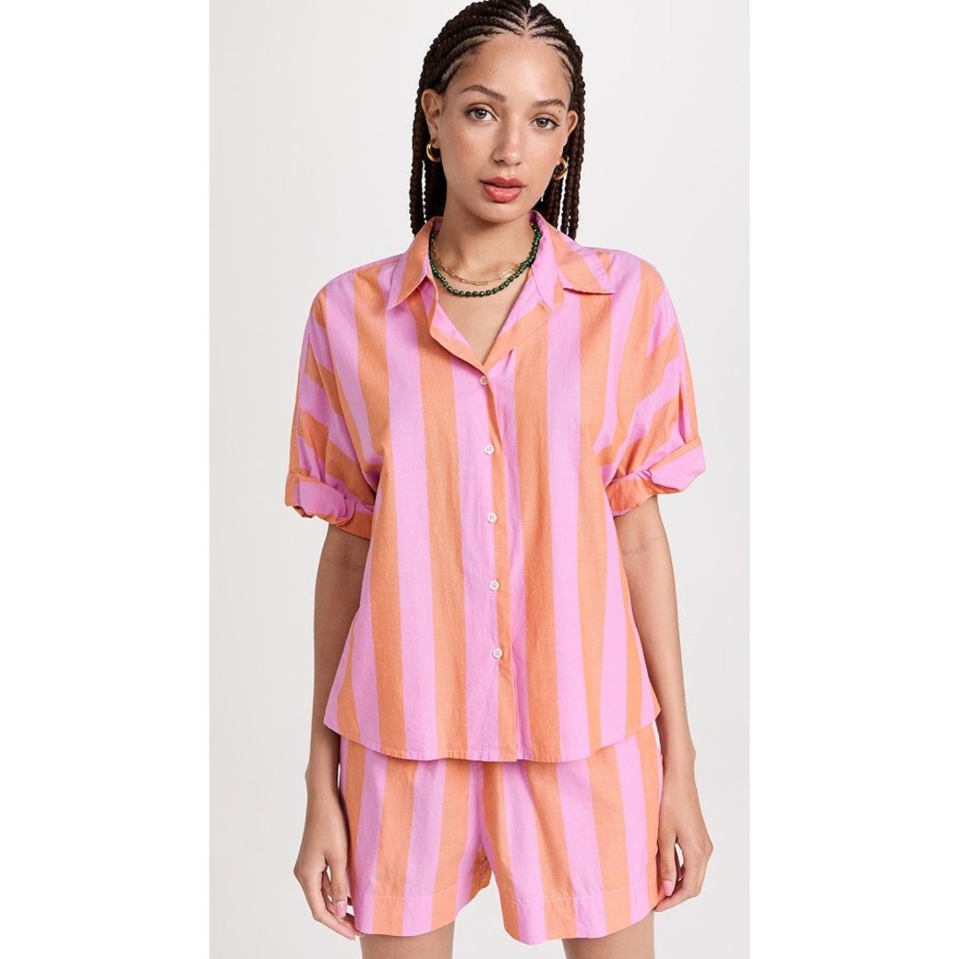 NWOT XiRENA Teddy Striped Button-Down Cotton Shirt, Pomelo Stripe, Size M