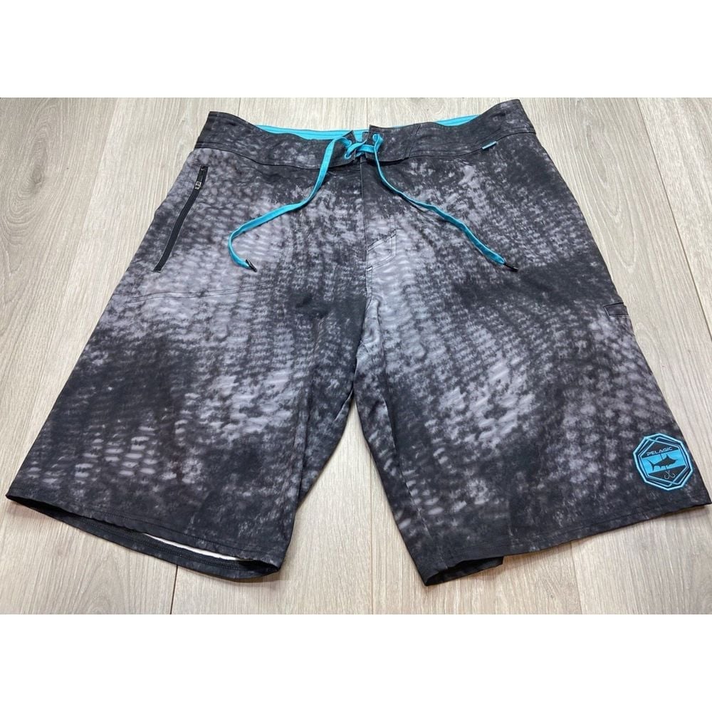 Pelagic Shorts Men 36 Black Camo Board Swim Scale Surf Beach Fishing Performance