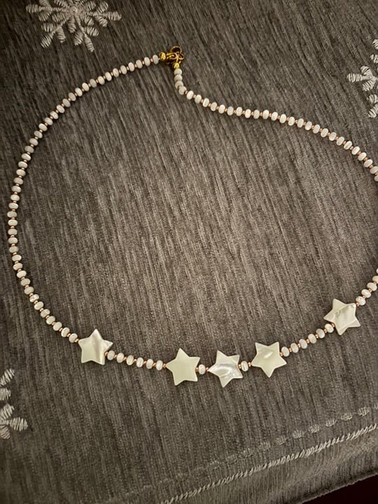Mother of Pearl Star & Gold Seed Bead Necklace: Length 21-21.5”. Handmade.