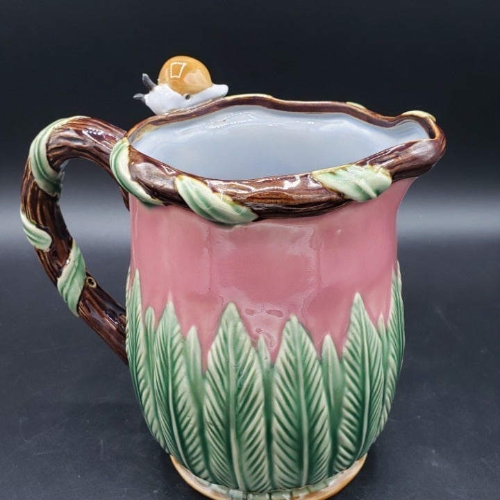 Vintage Nouveau 1991 Majolica Pitcher Snail & Ferns