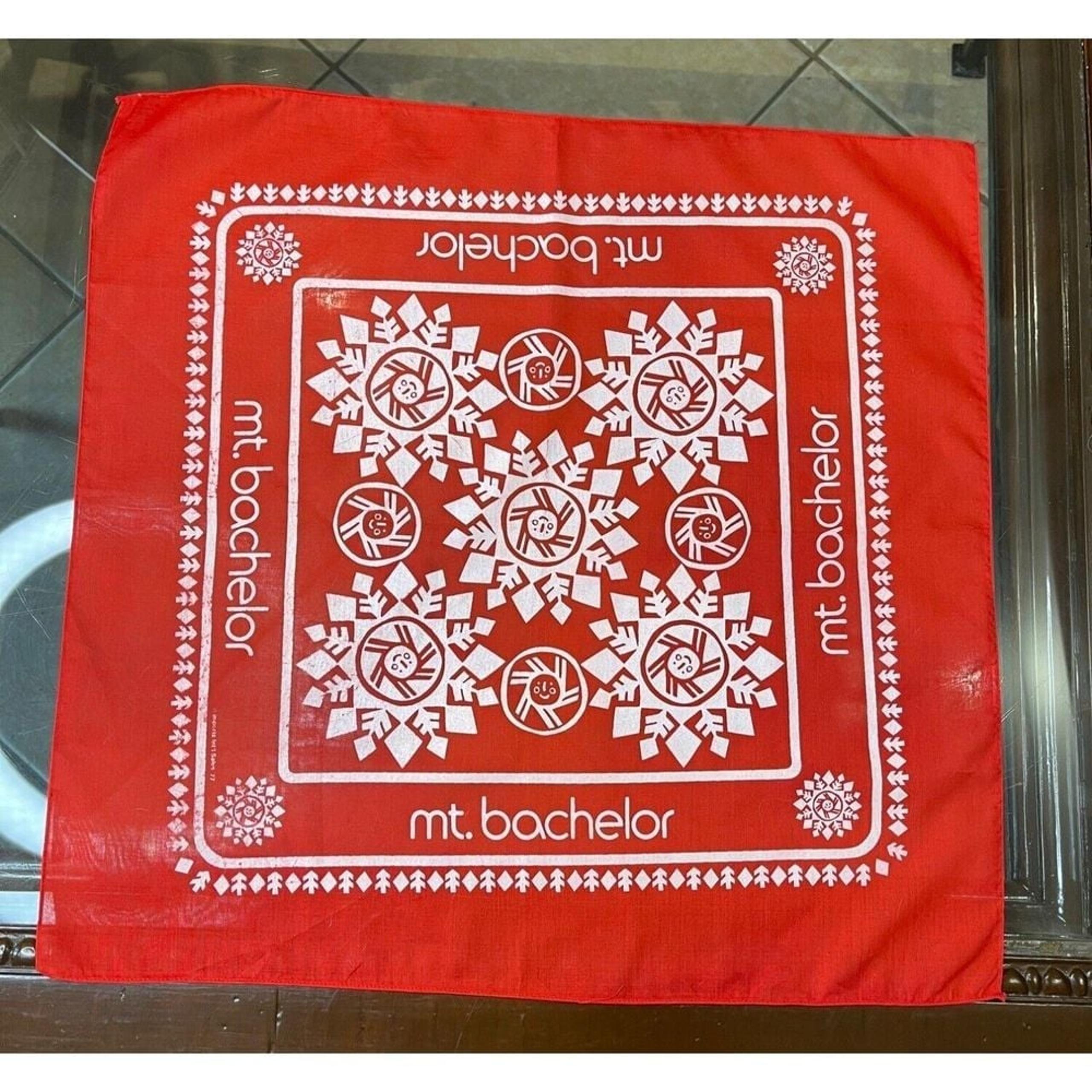 Vintage 70s Red Bandana Mt Bachelor 21x21.5 Red White Imported 1977
