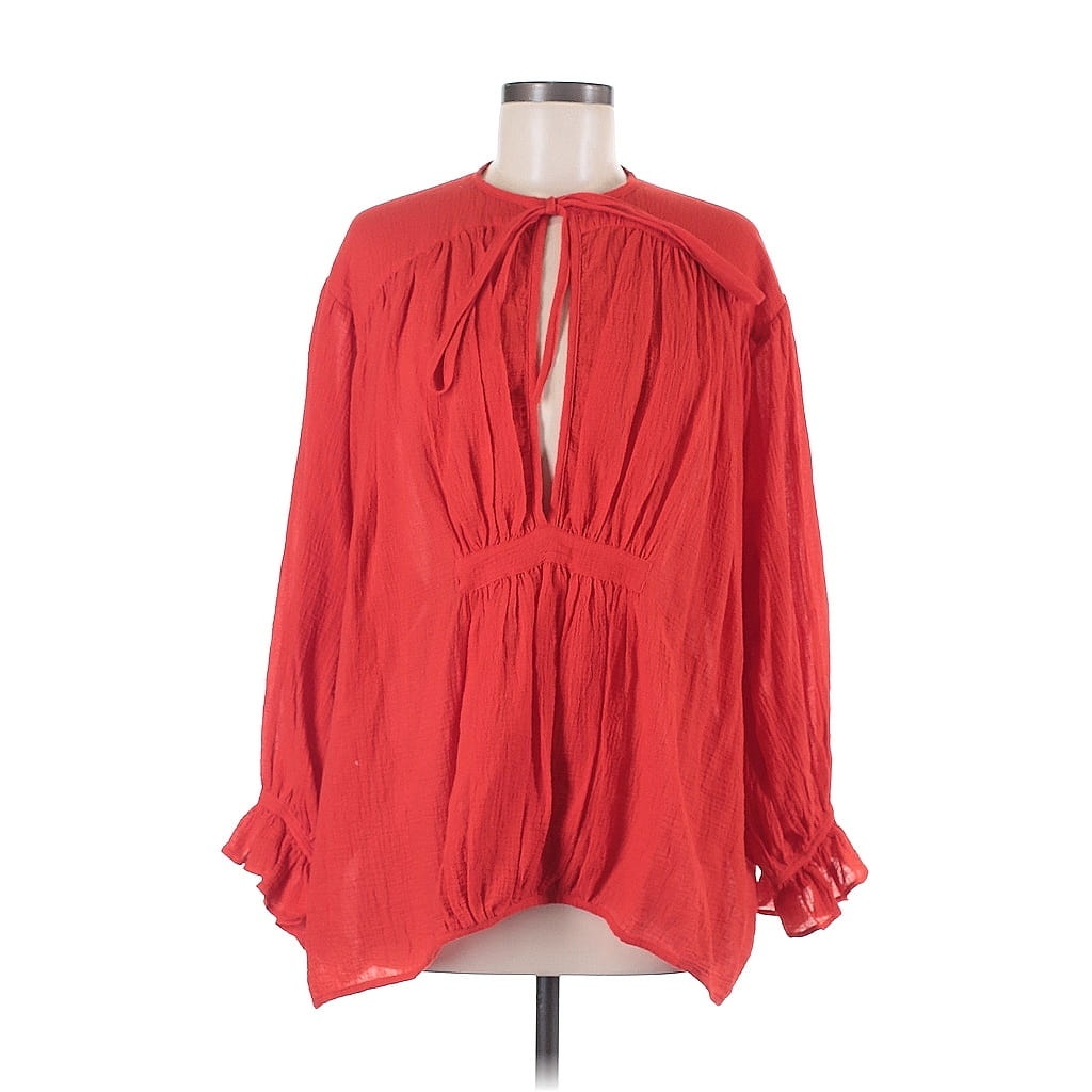 Les Vacances d’Irina Hazy Top Blouse Red Flowy Peasant Lightweight Gauzy Sheer