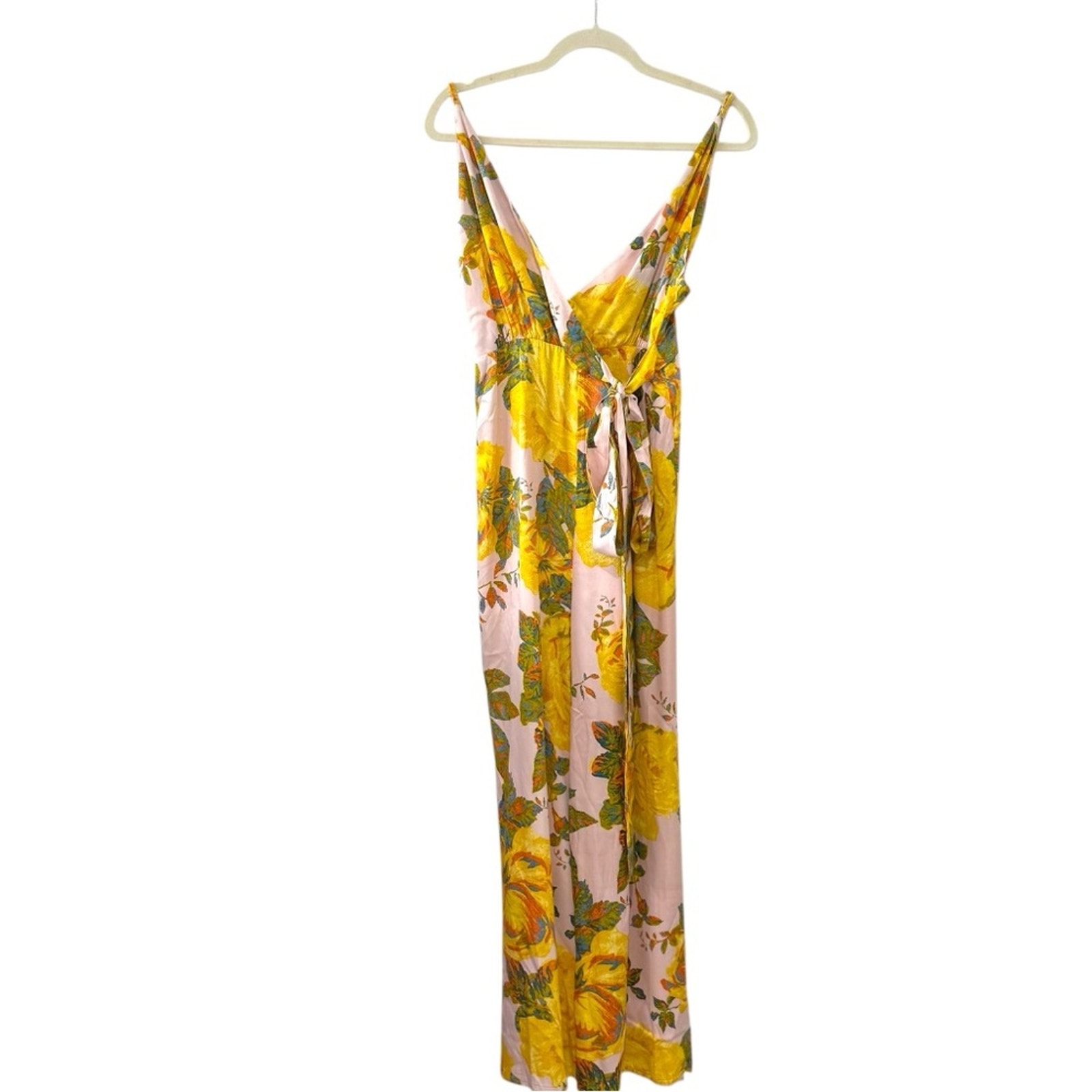 Free People Satin Floral Wide-Leg Jumpsuit – Size 6 Pink Yellow OB678056