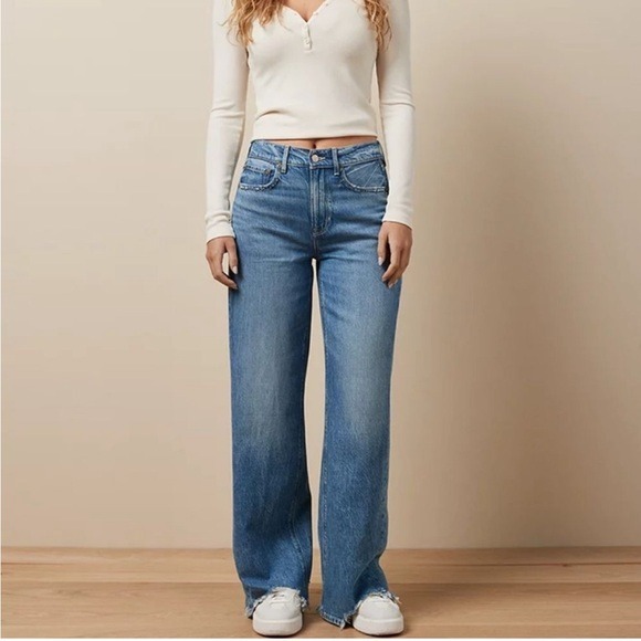 NWT American Eagle Super High Rise Baggy Wide Leg Jeans Medium Wash Denim 0S