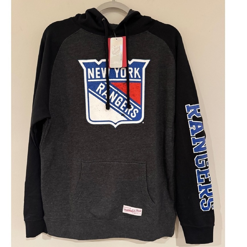 New York Rangers Mitchell & Ness Distressed Logo Raglan Hoodie Heather Black, M