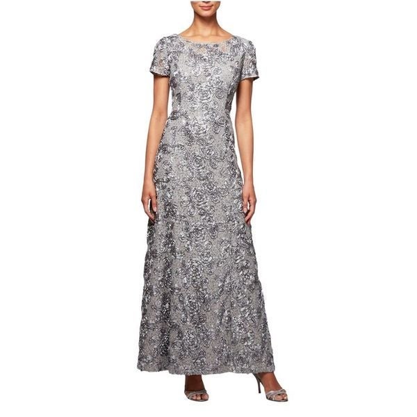 Alex Evenings Long Rosette A-Line Gown with Sequin Detail & Short Sleeves Size 6