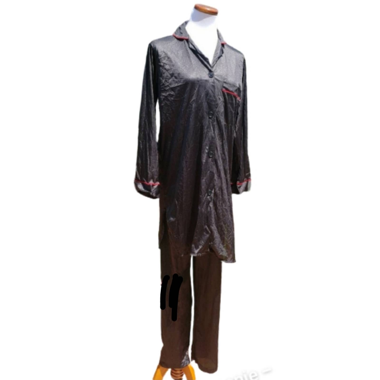 VINTAGE Lounging PJs Black Satin Red Piping Sz M Set