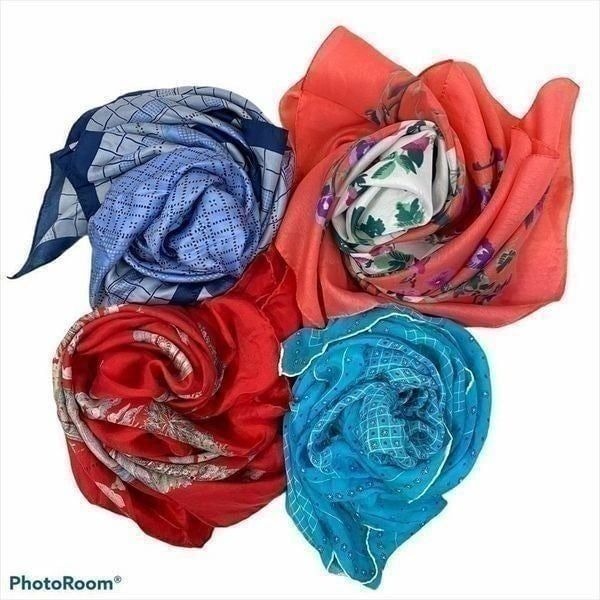 Lot of Four Colorful Square Vintage Scarves