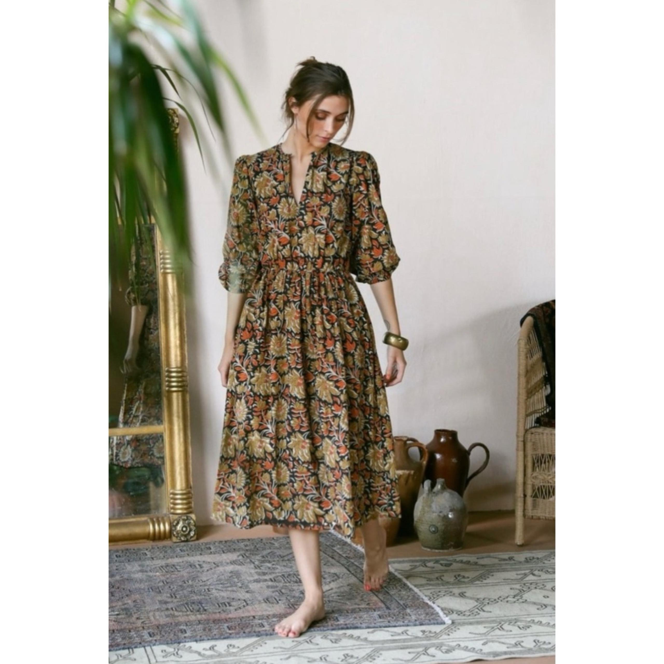 Mille Celeste 100% Midi Dress Sunset Floral Block Print Brown M