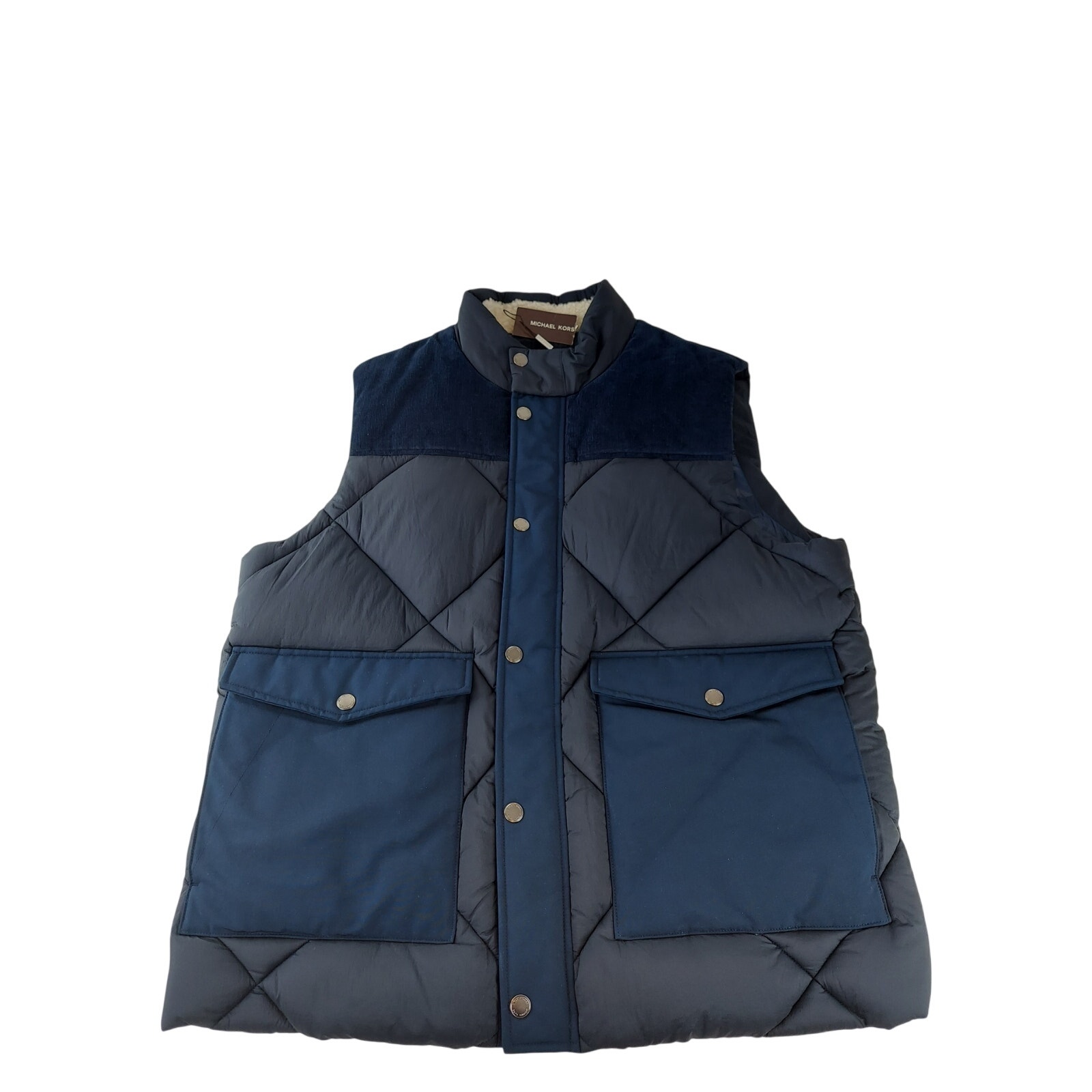 Michael Kors Men's Quilted Corduroy Trim Puffer Vest Coat Midnight Blue XL
